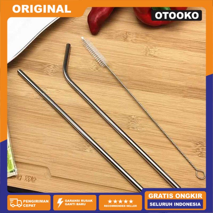 Sedotan Stainless Steel Set 3in1 3 in 1 Lurus Bengkok Sikat Anti Karat