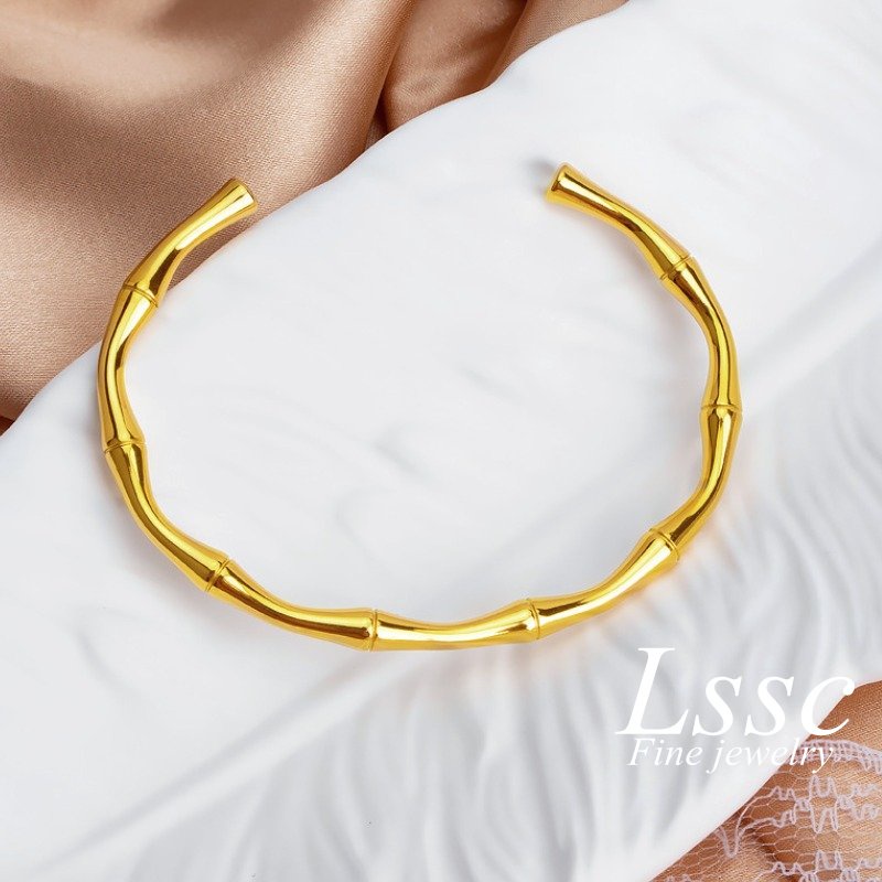 Gelang Titanium Wanita Anti Karat Bambu Keberuntungan Emas 18K Elegan Cantik Aksesoris Perhiasan Fashion Korea