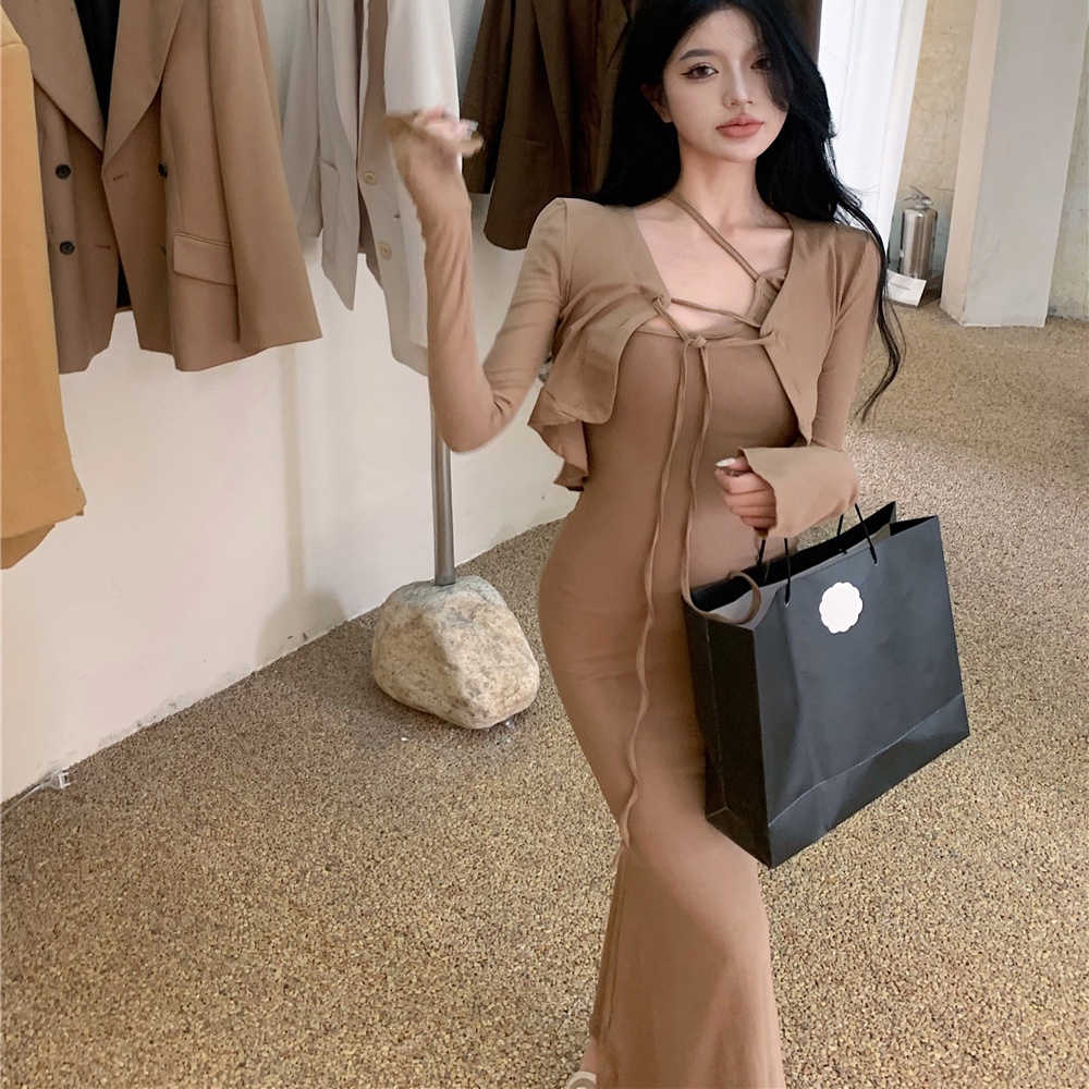 Red Suspender gaun keinginan murni perempuan musim gugur khaki hot gadis pinggang pelangsing tas pinggul mid-panjang fishtail rok tas pinggul rok