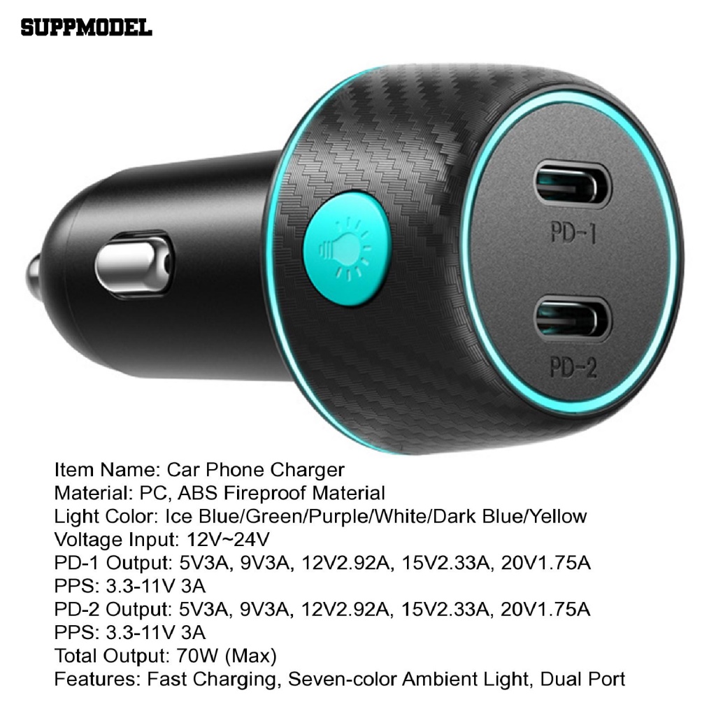 Suppmodel USB Charger Ponsel Mobil Aksesori Otomatis PD/QC 3.0 Charger Ponsel Otomatis Seven-color Ambient Light