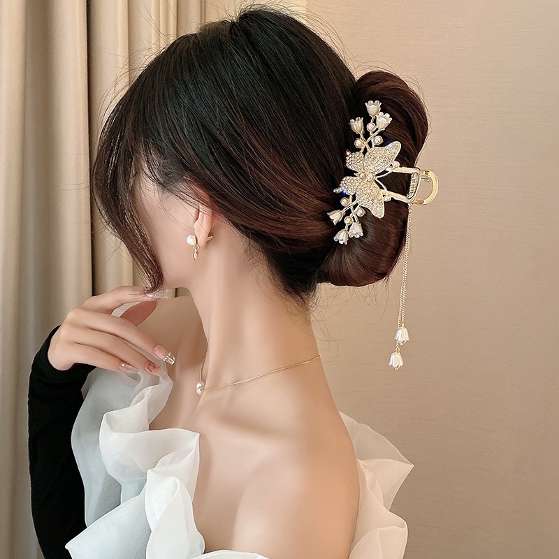 Lily Of The Valley Butterfly Tassel Hairpin/Back Head Fine Grab Clip/Fashion Hiasan Kepala Elegan/Musim Panas Hiu Besar Hairgrips Hiasan Kepala