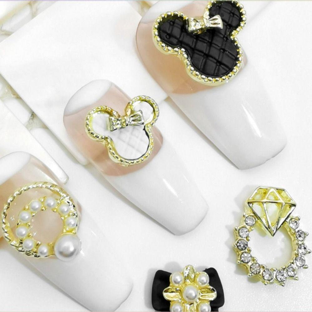 Mxbeauty Dekorasi Nail Art Gaya Perancis Mutiara Ikatan Simpul Mickey Kepala Rhinestones Berlian Cincin Aksesoris Kuku