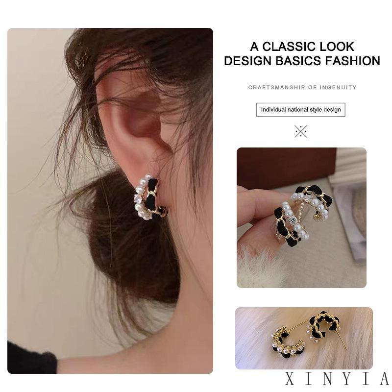 【Bayar di tempat】Berbentuk C Vintage Elegan Mutiara Berlian Emas Baja Titanium Wanita Fashion Perhiasan Stud Earrings