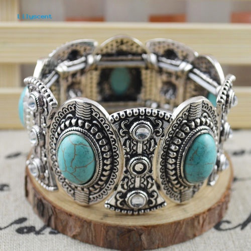 Lilyscent Retro Hadiah Wanita Oval Pirus Ukir Tibet Bangle Gelang Boho Perhiasan