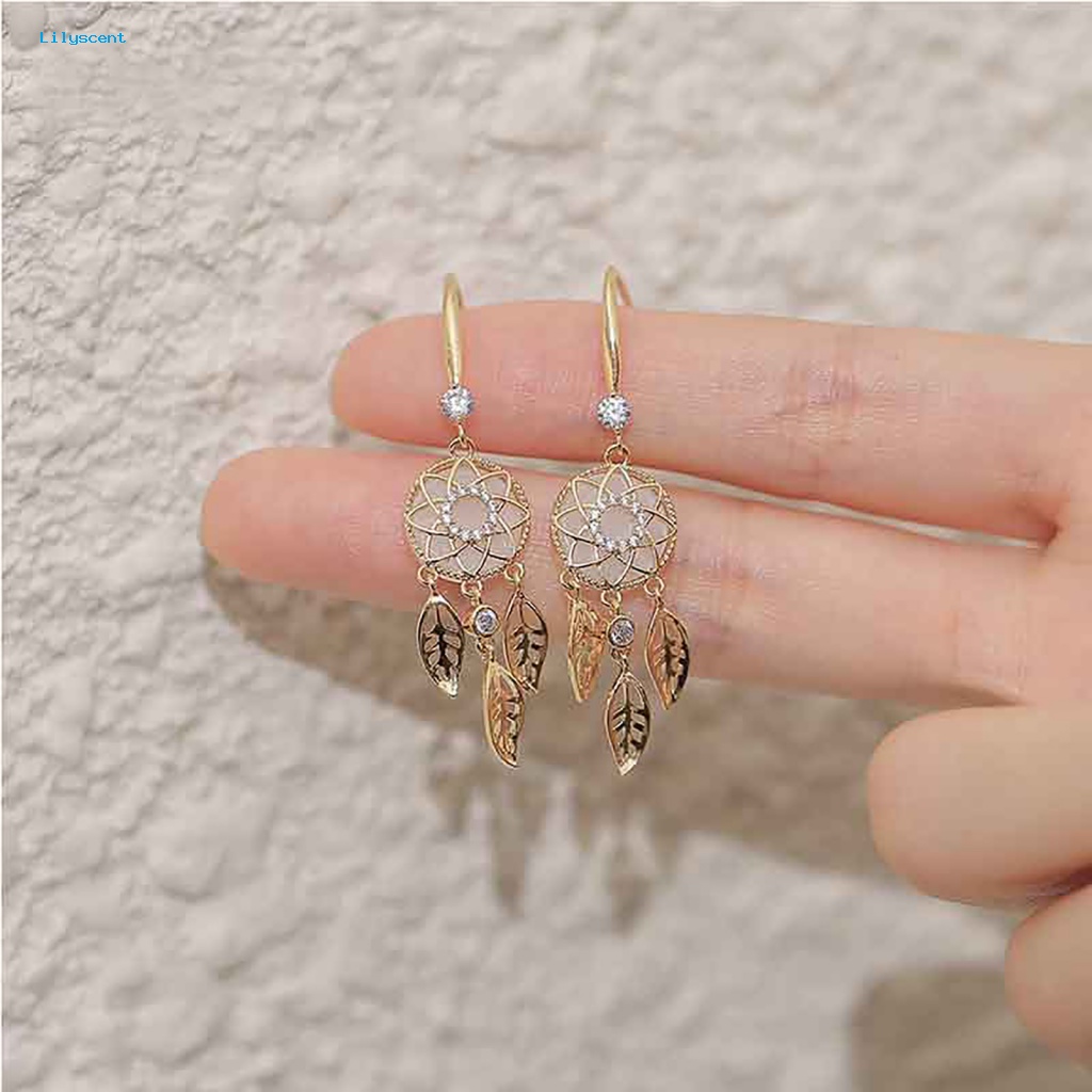 Lilyscent 1pasang Anting Rumbai Warna Emas Aksesori Perhiasan Bunga Hias Berlian Imitasi Daun Anting Rumbai Geometris