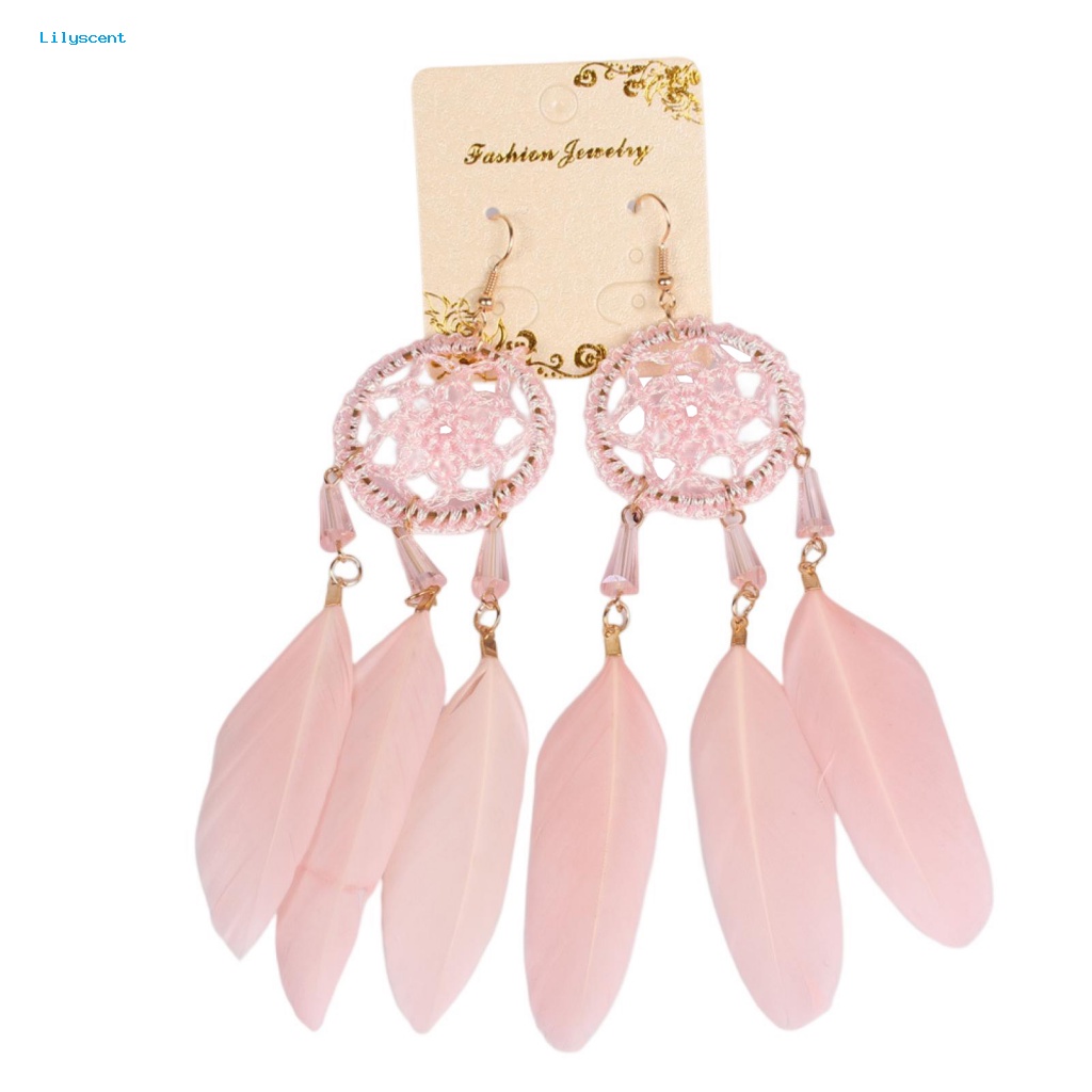 Lilyscent 1pasang Anting Kait Elegan Kostum Aksesoris Panjang Bulu Palsu Dreamcatcher Earrings Liontin