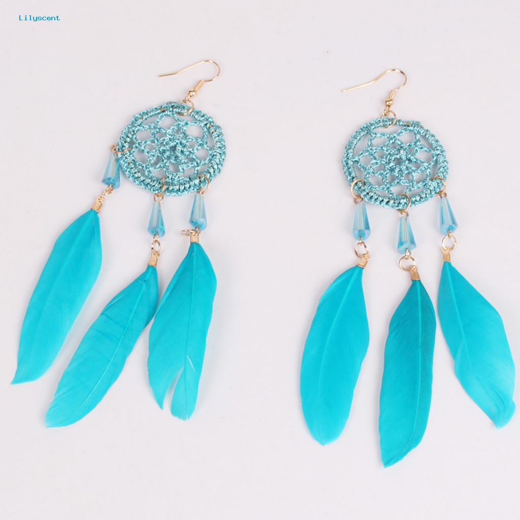 Lilyscent 1pasang Anting Kait Elegan Kostum Aksesoris Panjang Bulu Palsu Dreamcatcher Earrings Liontin