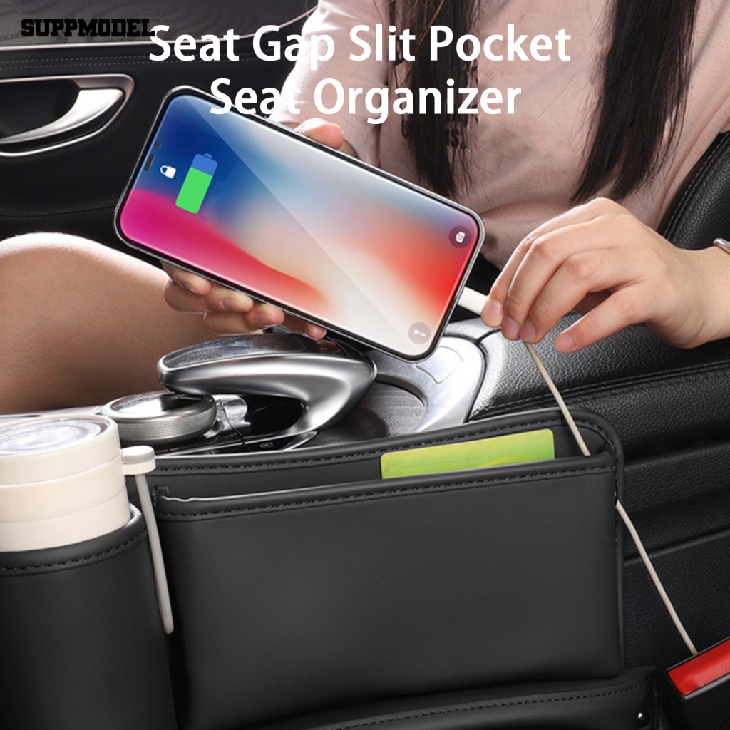 Suppmodel Kotak Penyimpanan Celah Kursi Kulit Imitasi Aksesoris Mobil Celah Kursi Saku Seat Organizer Charging Hole