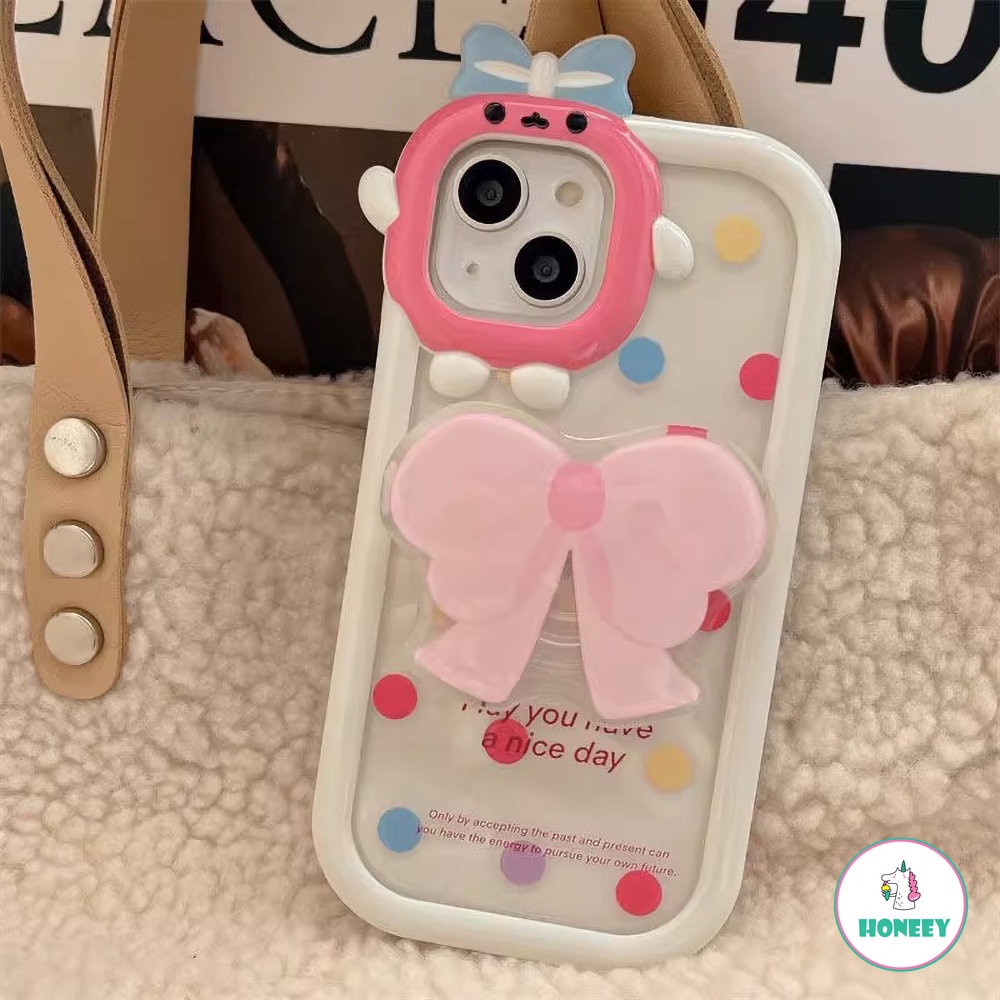 IPHONE Kepribadian Monster Kecil 2in1 Pink Bow Tie Bracket Polkadot TPU Anti-drop Untuk Iphone11 12 13 14 Pro Max 14plus Phone Case