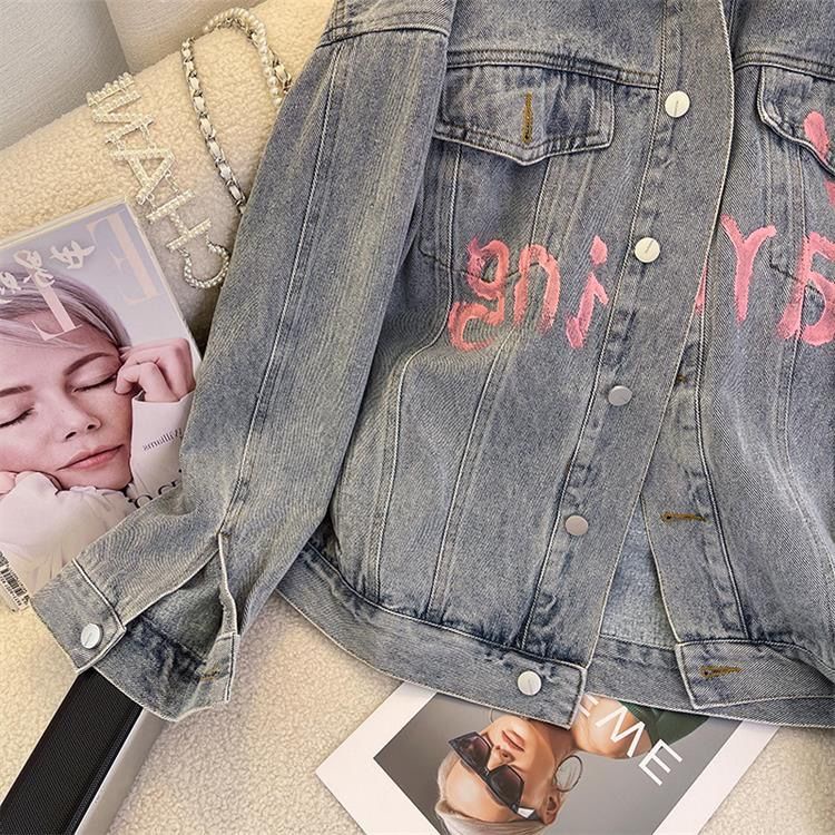 BESTPROMO 25OCLOCK - Lettering Print Graffiti Denim Jacket