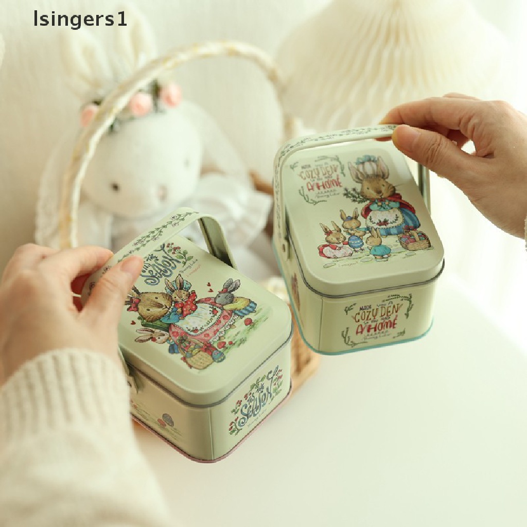 [lsingers1] Kotak Permen Motif Kartun Kelinci Penyegelan Yang Baik Dengan Pegangan Hadiah Vintage Memberikan Kaleng Hadiah Kue Kering Paskah Portabel Untuk Butik Liburan