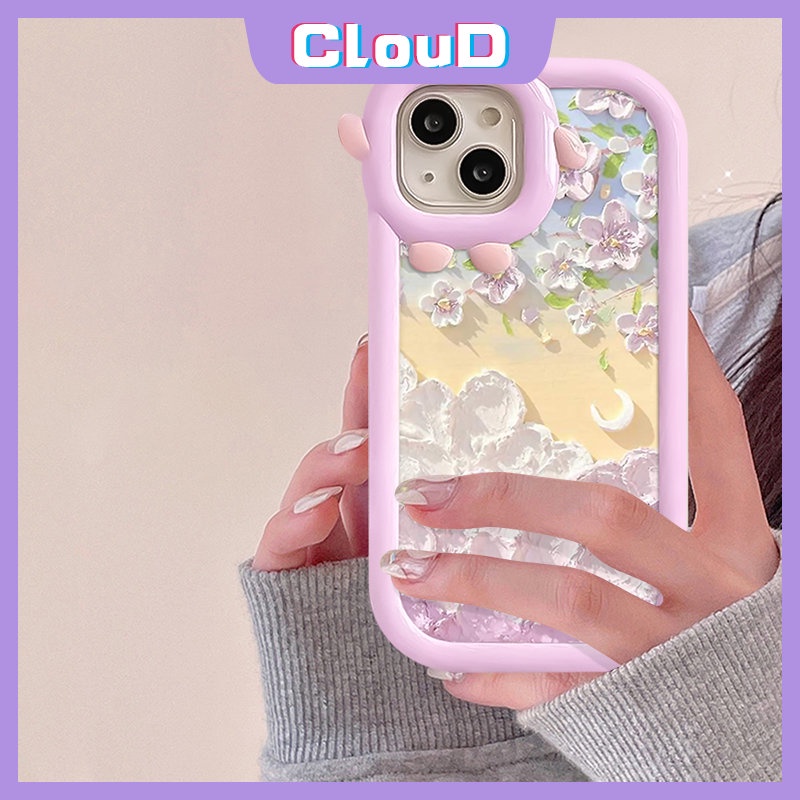 IPHONE Dicat Lukisan Minyak Bunga Bulan Telepon Case Kompatibel Untuk Iphone11 13 14 12 Pro Max 7Plus X XR XS Max 6s 14 8 7 6 Plus SE 2020 Lucu 3D Ikatan Simpul Kecil Lensa Monster Lembut Cover Tpu