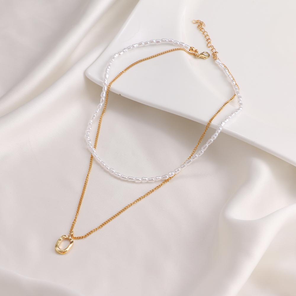 Kalung Mutiara Double Layer Multilayer dengan Rantai Liontin Persegi