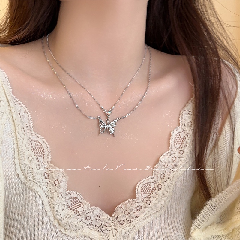 Butterfly Heart Pendant Necklace Untuk Wanita Pribadi Kristal Double Layer Rantai Perak Choker Perhiasan Aksesoris