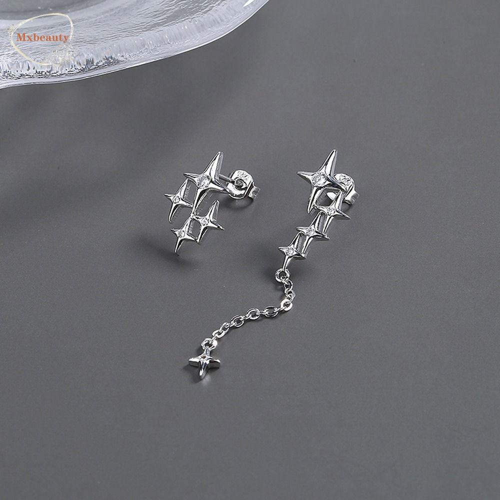 Mxbeauty Anting Wanita Asimetris Halus Sederhana Berujung Empat Desain Niche Bintang Perhiasan Fashion Hadiah Gadis Zirkon Gaya Korea Anting
