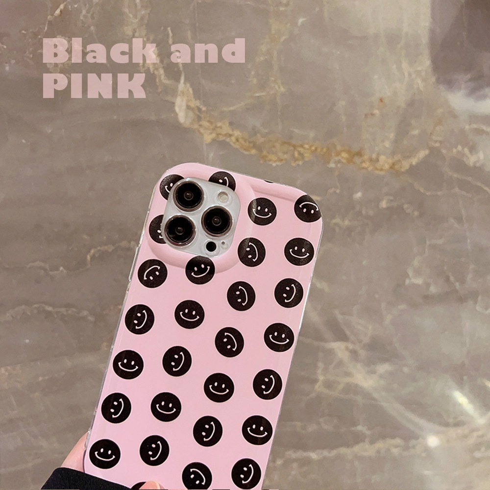 IPHONE Ins Gadis Pink Casing Ponsel Soft Cover Dengan Senyum Hitam Untuk Iphone11 12 13 14 PLUS PRO MAX Perlindungan Penuh Shell