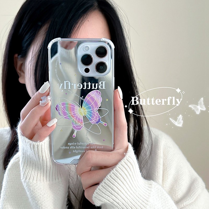 [Anti Jatuh Cermin] Pretty Silver Makeup Silikon Soft Case IPhone 6S 7 8 Plus X XR XS Max IPhone 11 12 13 14 Pro Max 14 Plus7+8 +12 13 mini Untuk Wanita Gadis Kupu-Kupu Warna-Warni