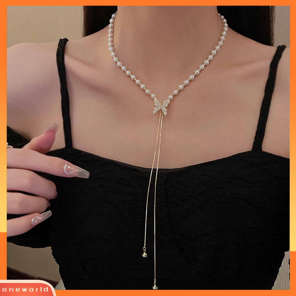 [ONE] Fashion Kalung Pengerjaan Halus Desain Rumbai Kupu-Kupu Eye-catching Finishing Terang Tidak Luntur Dekorasi Tahan Lama Wanita Mutiara Imitasi Kalung Perhiasan Aksesori