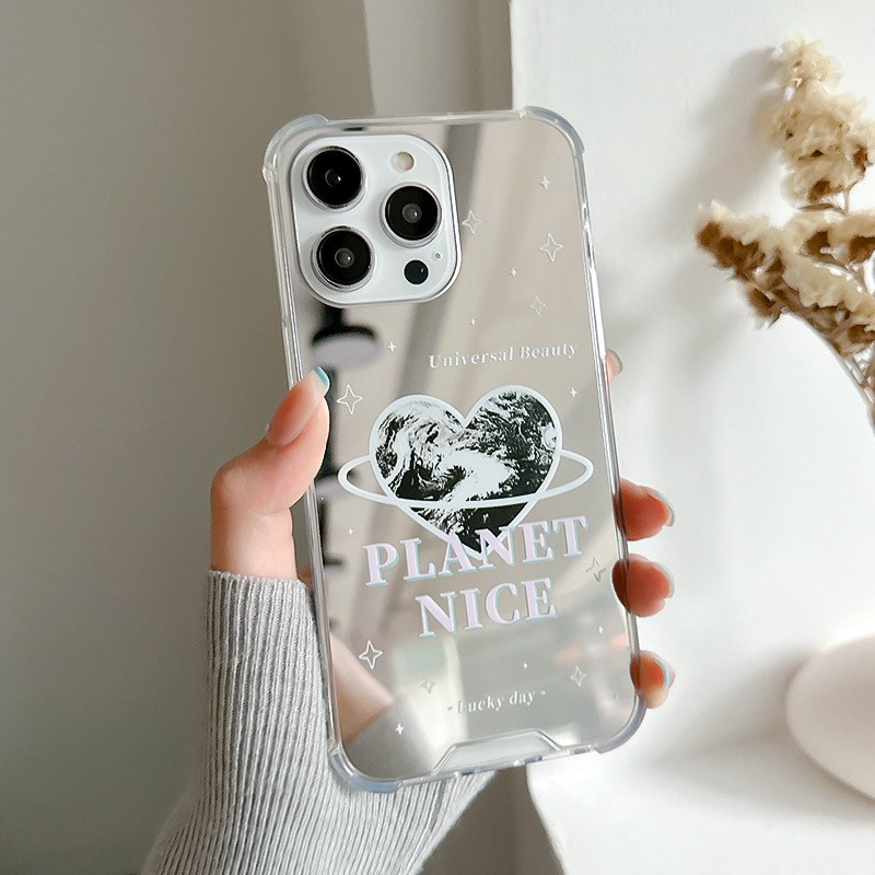 [Anti Jatuh Cermin] Pretty Silver Makeup Silikon Soft Case IPhone 6S 7 8 Plus X XR XS Max IPhone 11 12 13 14 Pro Max 14 Plus7+8+12 13 Mini Wanita Cewek Pretty Planet Nice Love