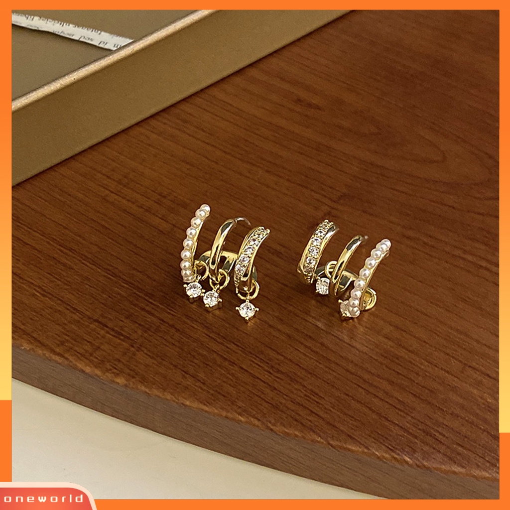 [EONE] 1pasang Anting Hoop Multi-layer Geometris Glitter Mutiara Imitasi Hias Berlian Imitasi Stud Earrings Perhiasan Aksesori