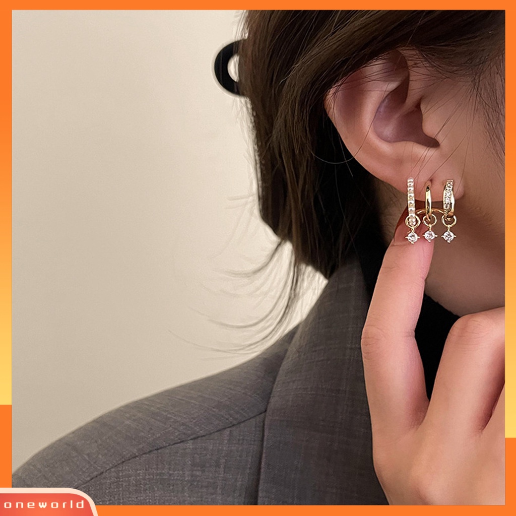 [EONE] 1pasang Anting Hoop Multi-layer Geometris Glitter Mutiara Imitasi Hias Berlian Imitasi Stud Earrings Perhiasan Aksesori