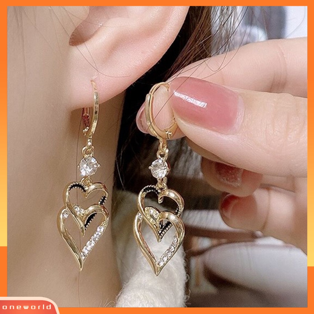 [EONE] 1pasang Anting Menjuntai Retro Gaya Korea Double-layers Cinta Hati Berkilau Berlian Imitasi Drop Earrings Fashion Perhiasan