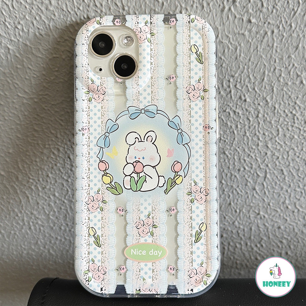 IPHONE Sweet Lace Rabbit Flowers Bracket Shell Phone Case Untuk Iphone14 13 12 11 Pro Max14 Plus Case Lucu Transparan Kartun Cover