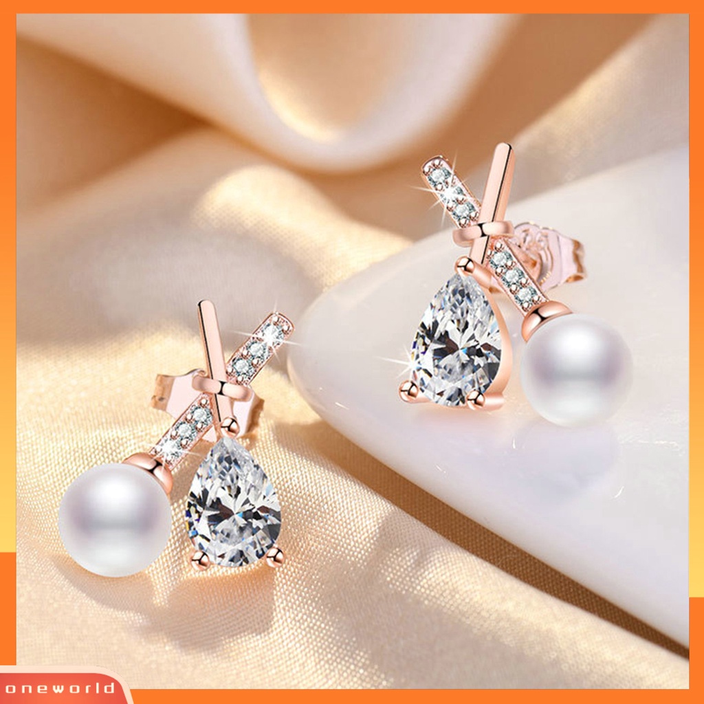 [EONE] 1pasang Ear Studs X Shaped Shining French Style Berlian Imitasi Hias Dekorasi High Gloss Tidak Teratur Faux Zircon Pearl Women Earrings Untuk Pesta