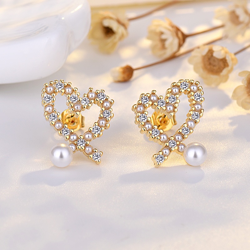 Anting Tusuk Mutiara Zirkon Elegan Untuk Wanita Hypoallergenic Fashion Heart Earring Perhiasan Aksesoris