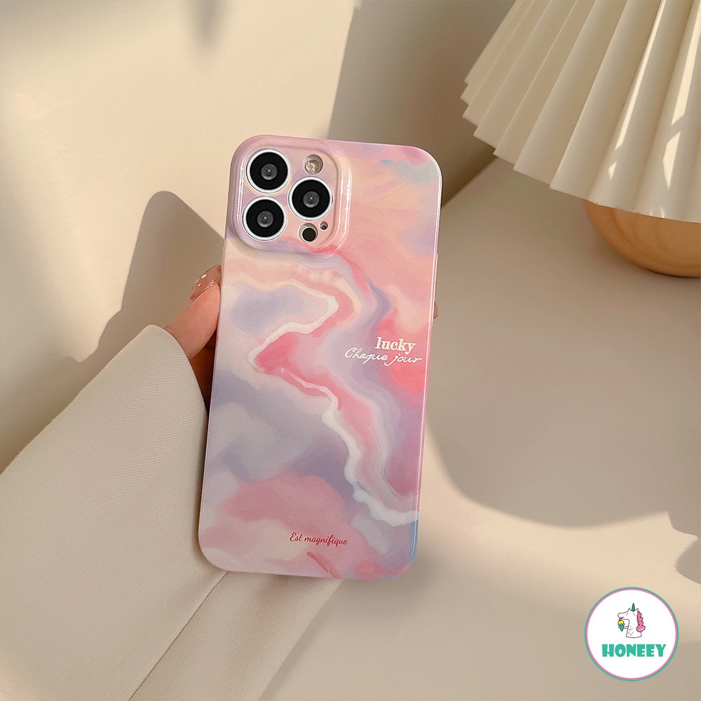 IPHONE Casing Ponsel Lukisan Minyak Kabut Sunset Glow Mewah Untuk Iphone14 13 12 11 Pro Max Xr Xs Max7 8 14 Plus Case Cute Sweet Glossy Cover