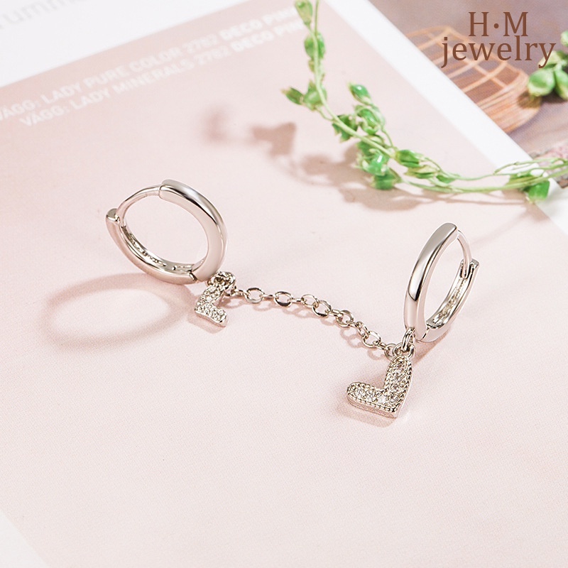 S925 Perak Baru Berlian Imitasi Ganda Tindik Telinga Rumbai XINGX Cinta Anting Hati