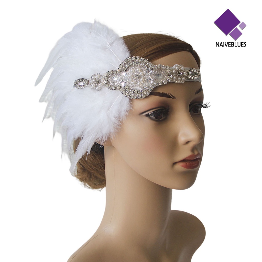 &lt; Naiveblues &gt; Wanita Flapper Bando Mutiara Imitasi Bulu Jumbai Vintage Pengantin Flapper Prom Pesta Aksesoris Rambut