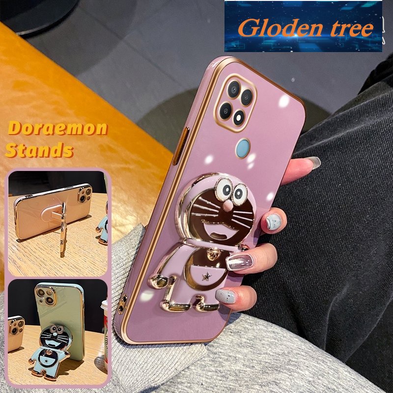 Gloden tree Casing Untuk OPPO A15 A15s A35 4G Case Fashion Kartun Doraemon Lipat Stand Phone Case Electroplating Shockproof Phone Holder Case