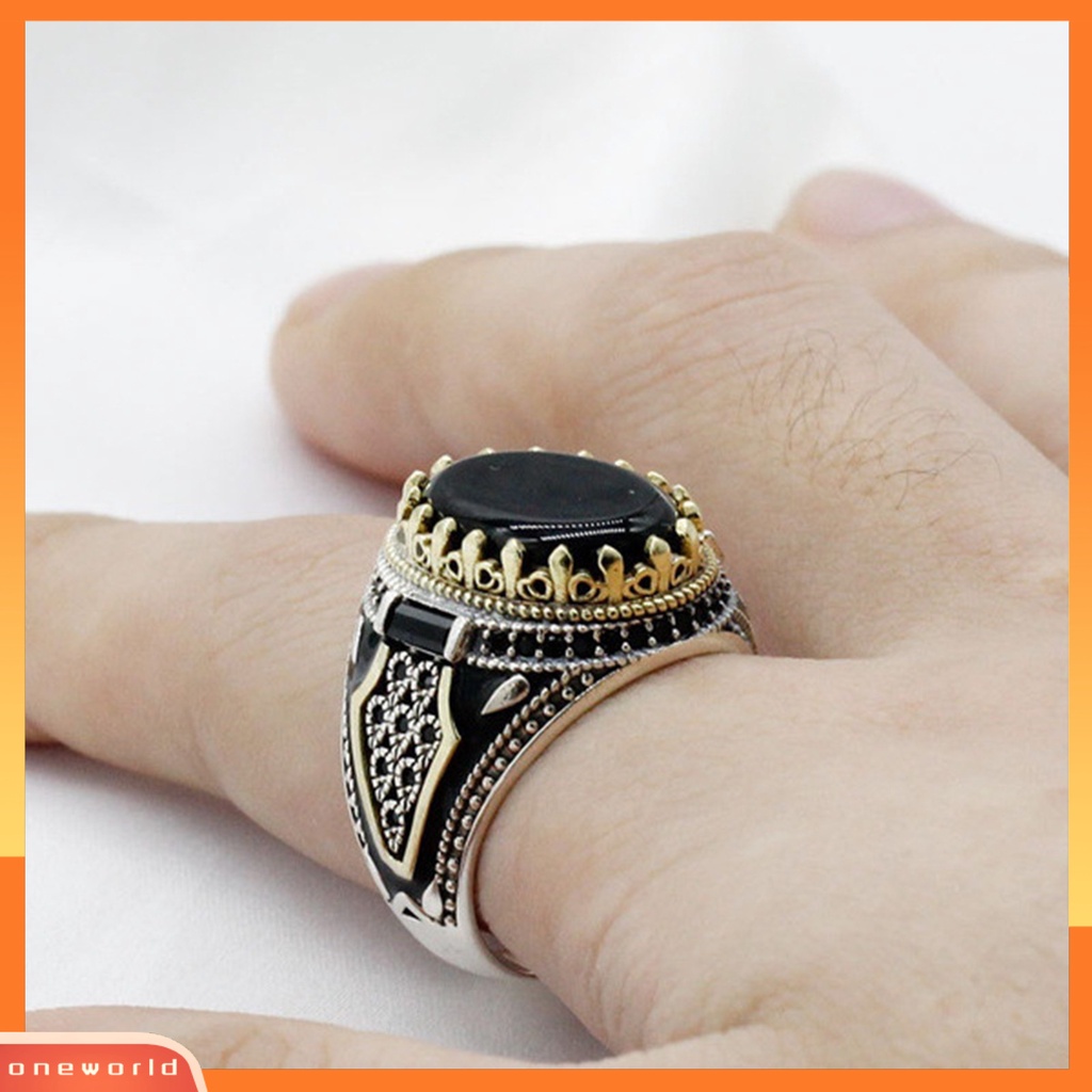 [EONE] Pria Cincin Vintage Punk Logam Ukiran Pola Kuno Two Tone Hias Hadiah Batu Akik Imitasi Bertatahkan Laki-Laki Pesta Cincin Perhiasan Pernikahan