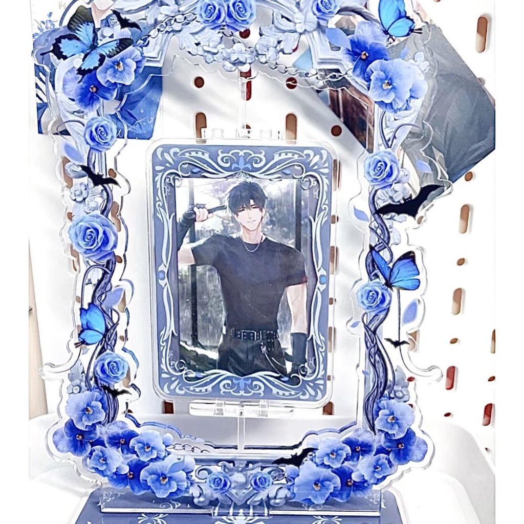 Romantic Blue Rose Bingkai Foto Rotatable Deluxe 3inch Acrylic Card Holder Idol Photocard Pelindung Case Bingkai Pajangan Desktop Lucu