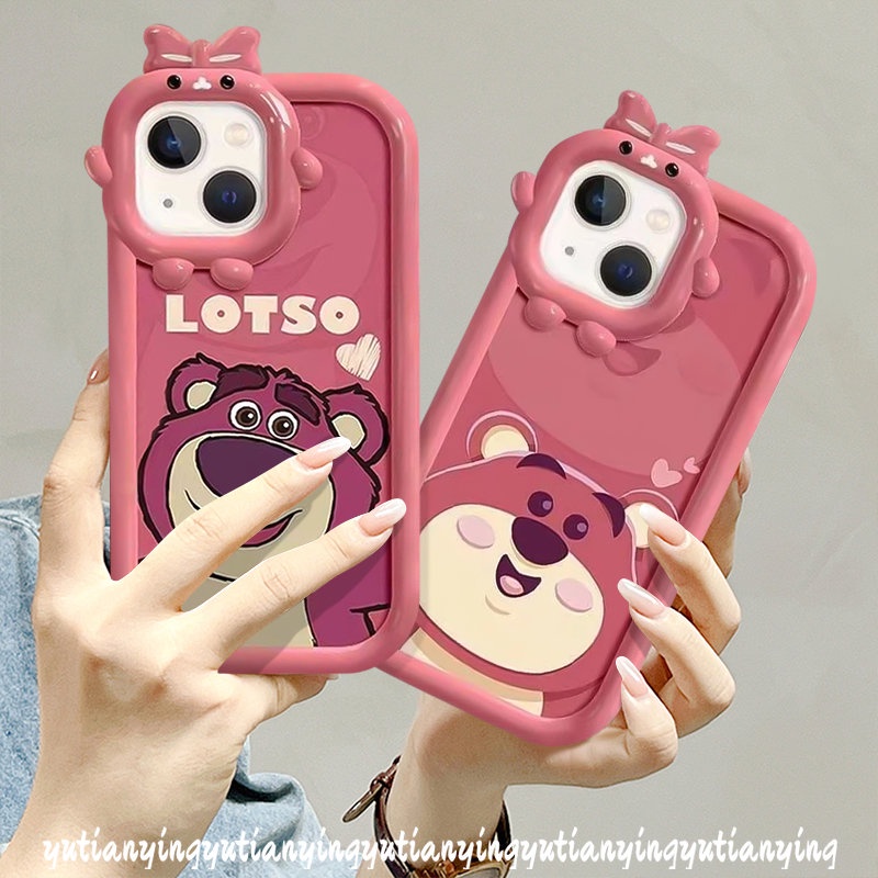 Casing Ponsel Lensa Monster Kecil Ikatan Simpul 3D Kompatibel Untuk iPhone XR XS X Max11 7Plus 11 12 14 13 Pro Max 7 8 6s 6 Plus SE 2020 Kartun Cute Manyo Strawberry Bear Soft Back Cover