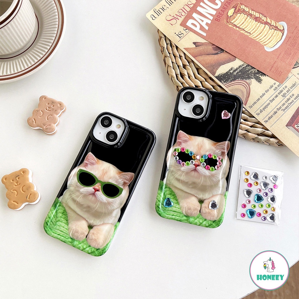 IPHONE Ins Korea Kacamata Hitam Keren Cat Phone Case Kompatibel Untuk Iphone14 13 12 11 Pro Max Lucu Menebal Lembut Anti Jatuh Shell