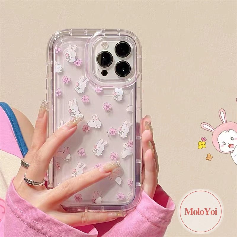 IPHONE Lucu Kartun Kelinci Cover Kompatibel Untuk Iphone11 7Plus 8Plus XR 14 13 12 Pro MAX 6 6S Plus X XS MAX Ins Fresh Flower Airbag Shockproof Transparan Tpu Soft Phone Shell Case