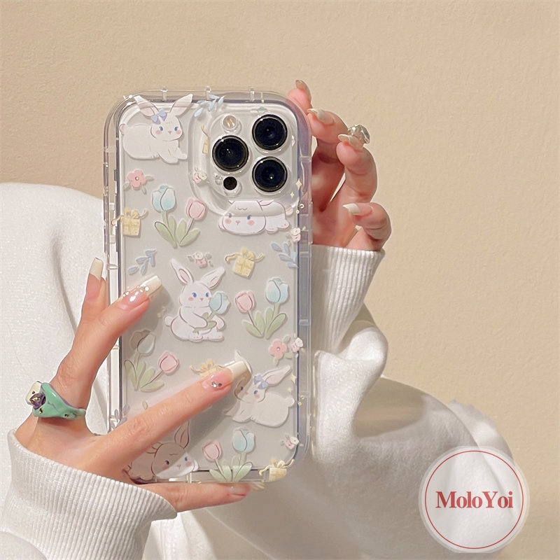 IPHONE Lucu Kartun Kelinci Cover Kompatibel Untuk Iphone11 7Plus 8Plus XR 14 13 12 Pro MAX 6 6S Plus X XS MAX Ins Fresh Flower Airbag Shockproof Transparan Tpu Soft Phone Shell Case