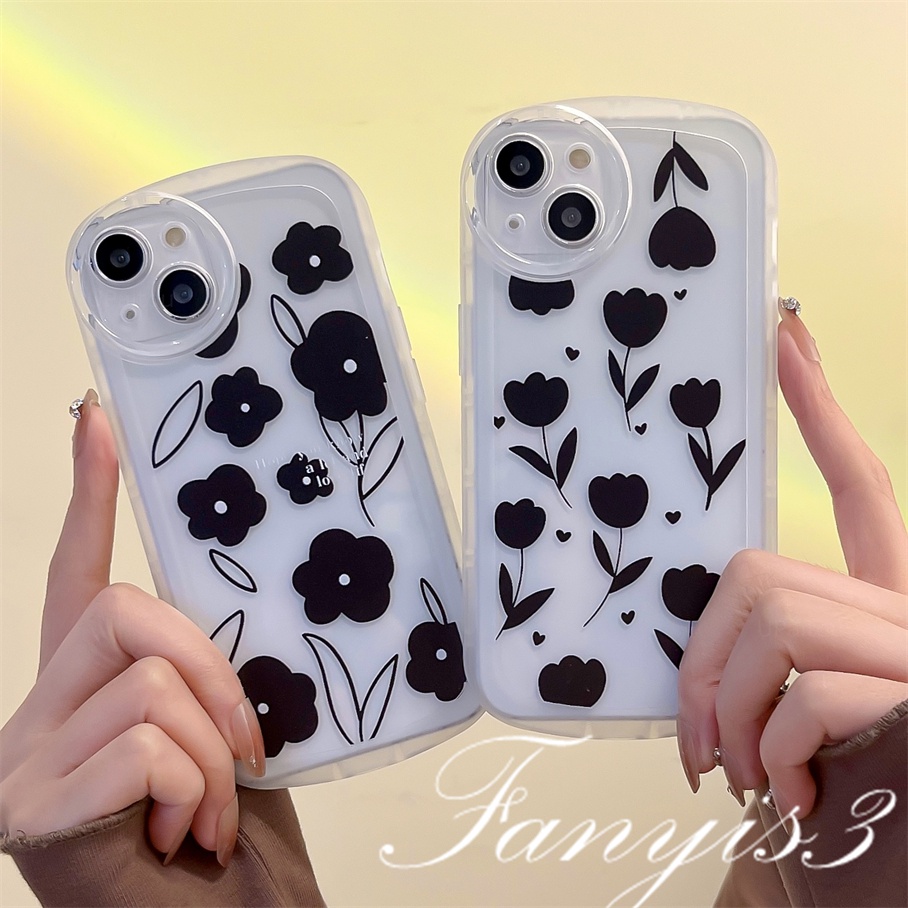 Compatible For iPhone 14 13 12 11 Pro Max X XR Xs Max 8 7 6 6s Plus SE 2020 Kompatibel Untuk Ins Bunga Hitam Casing Ponsel Lembut TPU Cover