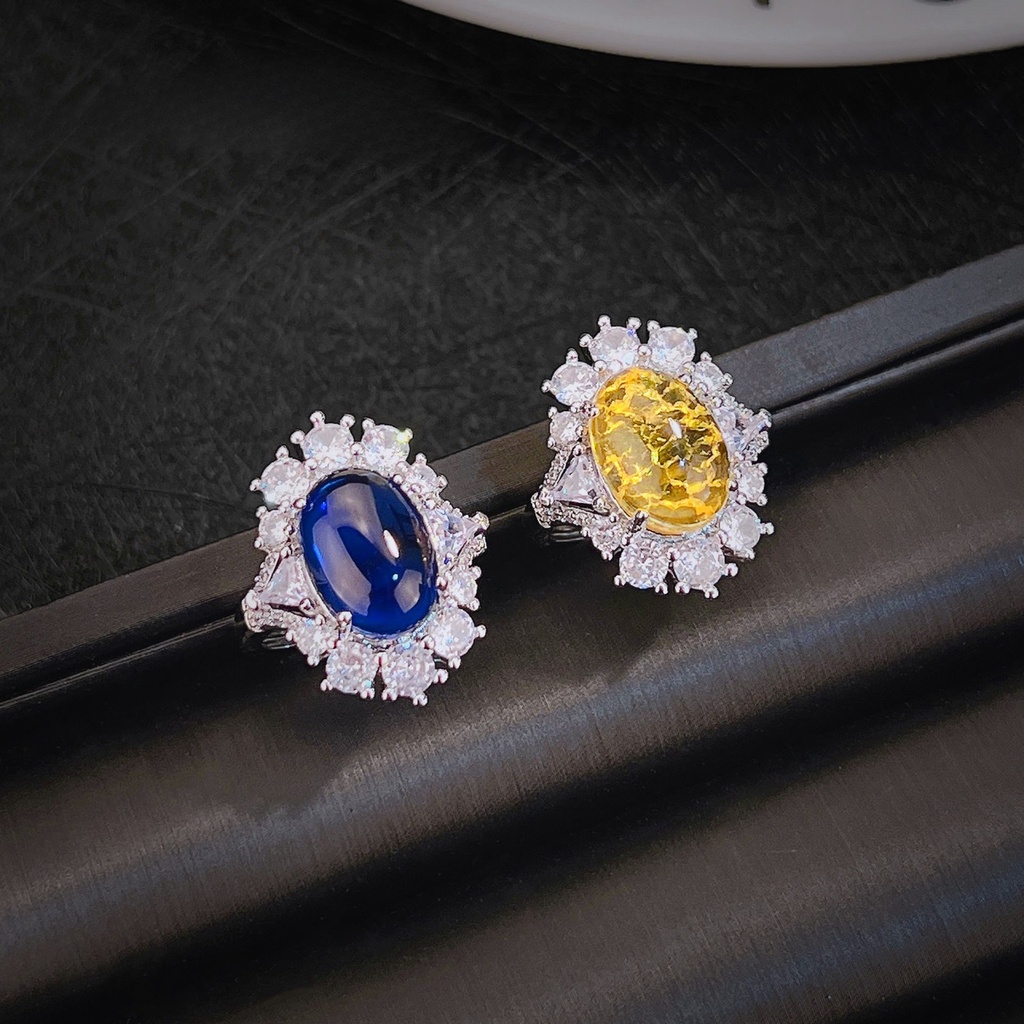 Goldkingdom Fashion Perhiasan Aksesoris Ready Stock French Retro Polos Royal Blue Permata Cincin Berlian Imitasi Penuh Es Kuning Berlian Cincin Gadis