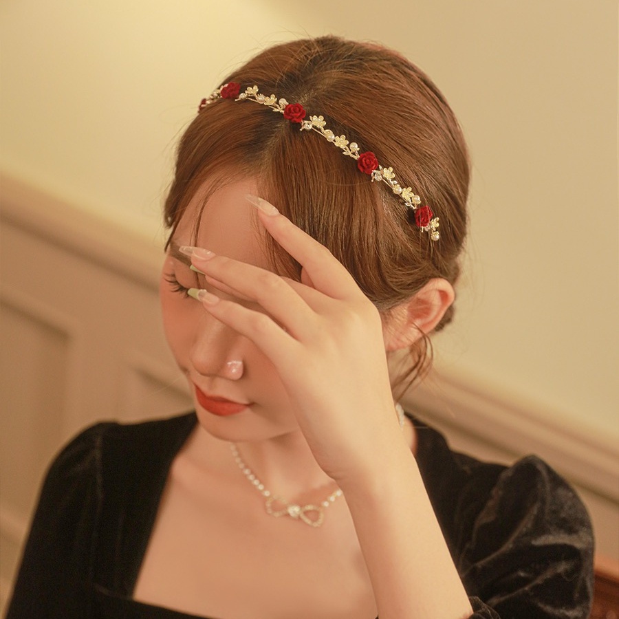 Korea Merah Bunga Mutiara Berlian Imitasi Bando Kristal Alloy Tipis Rambut Band Woman Fashion Aksesoris Rambut