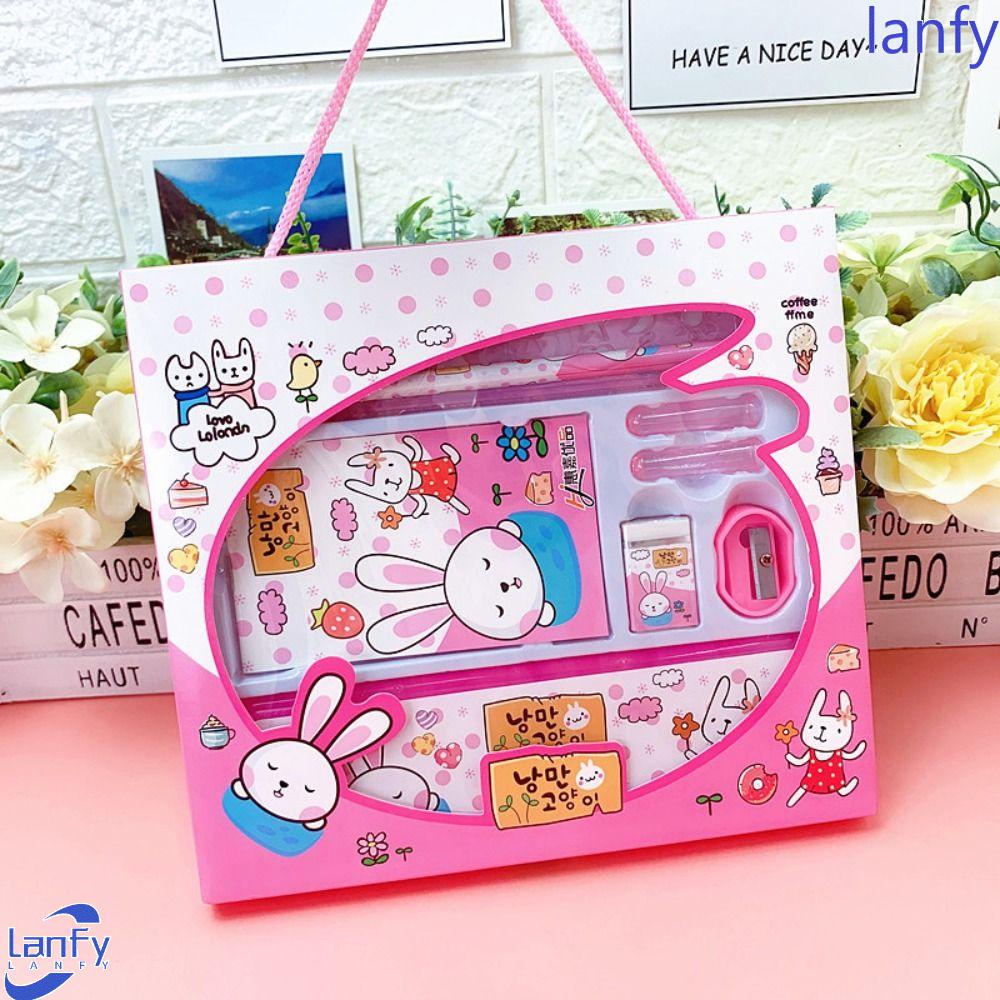 Lanfy set Penggaris Penghapus Pensil 8 Pcs/set Kawaii Anak Murid Kartun Perlengkapan Sekolah Anak Sd Hadiah