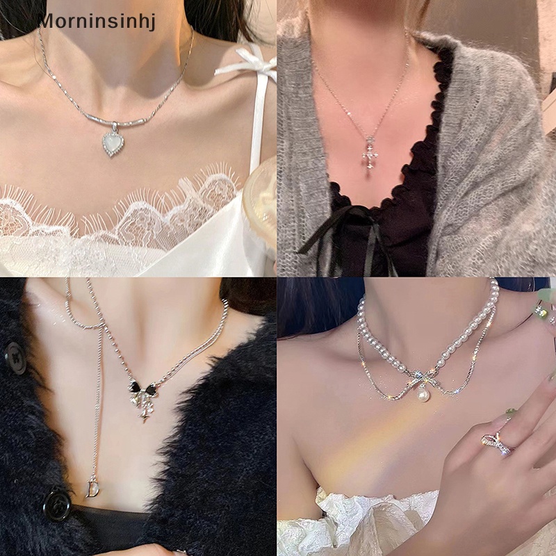 Mornin Y2K Aksesoris Fashion Cross Ikatan Simpul Peach Jantung Liontin Kalung Manis Keren Klavikula Rantai Perhiasan Aesthetic id