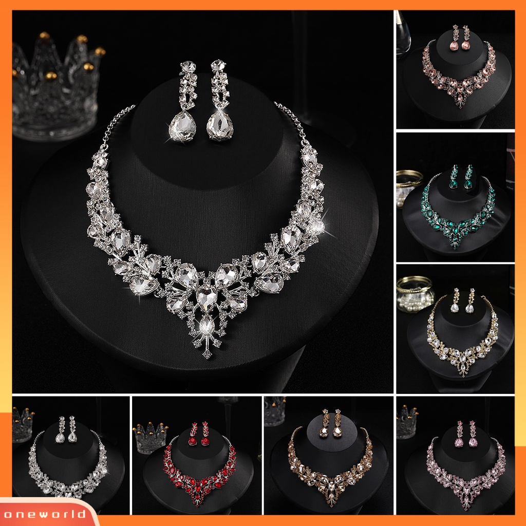 [EONE] 1set Pernikahan Anting Ekstensi Rantai Kristal Imitasi Hias Berlian Imitasi Dress Up Glitter Makan Malam Wanita Perhiasan Kalung Perempuan Aksesori