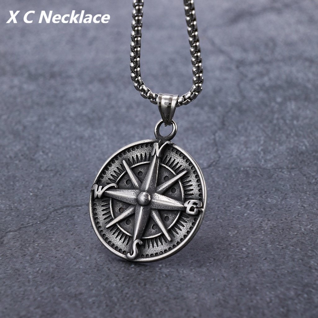 [X C Kalung] Baru Silvery Six Star Compass Pendant Punk Hip Hop Stainless Steel Kalung Hadiah Pesta Ulang Tahun Untuk Pria Dan Wanita