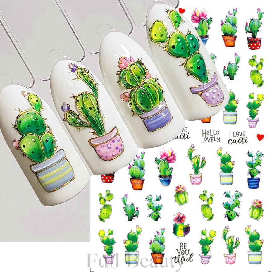 [Unggulan] 1pc Self-Adhesive 3D Tanaman Kuku Decals Ins Musim Semi Musim Panas Kaktus Serangga Kuku Stiker Warna-Warni Es Krim Manicure Decor DIY Nail Art Aksesoris Kuku Alat Kuku