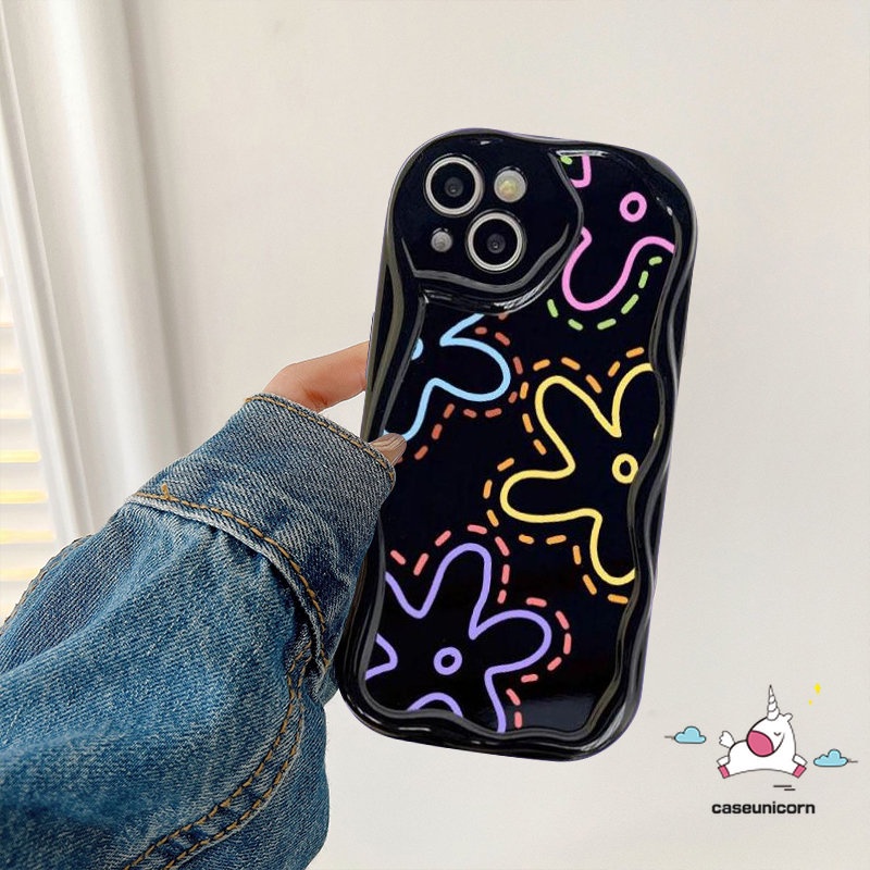 Casing Ponsel Glossy Tahan Guncangan Kompatibel Untuk iPhone 11 Pro Max XR X7 8 6s 6 Plus 14 12 13 Pro Max XS Max SE 2020 Fashion Garis Sederhana Bunga 3D Wavy Curved Edge Soft Flowers Cover