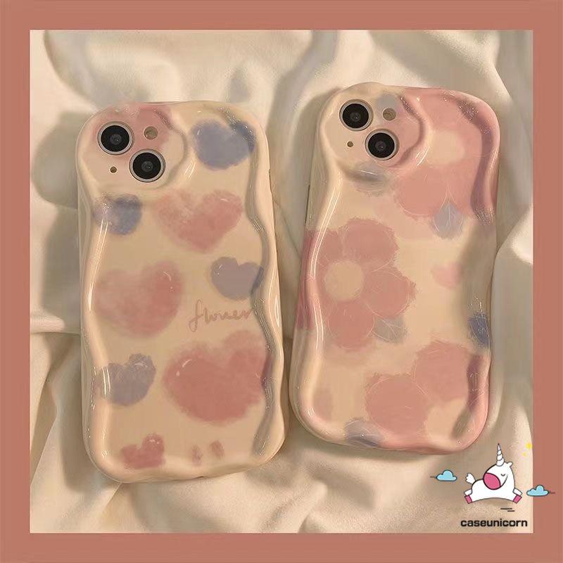 Casing Tepi Lengkung Bergelombang 3D Shockproof Kompatibel Untuk iPhone 7Plus 11 14 12 13 Pro Max XR X7 8 6s 6 Plus XS Max SE 2020 8Plus Pink Watercolor Flower Love Heart Soft Glossy Cover