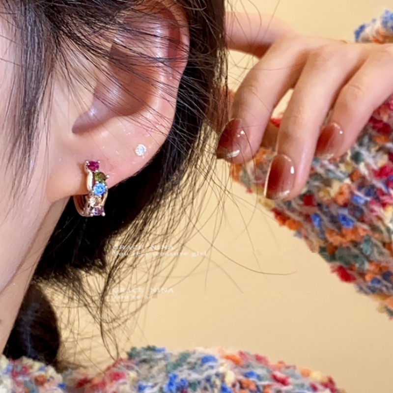 Kami Bunga ins Trendi s925 Perak Warna-Warni Kristal Manik-Manik Hoop Anting-Anting Untuk Wanita Perempuan Mewah Pelangi Zirkon Pesona Bulat Anting-Anting Perhiasan Aksesoris